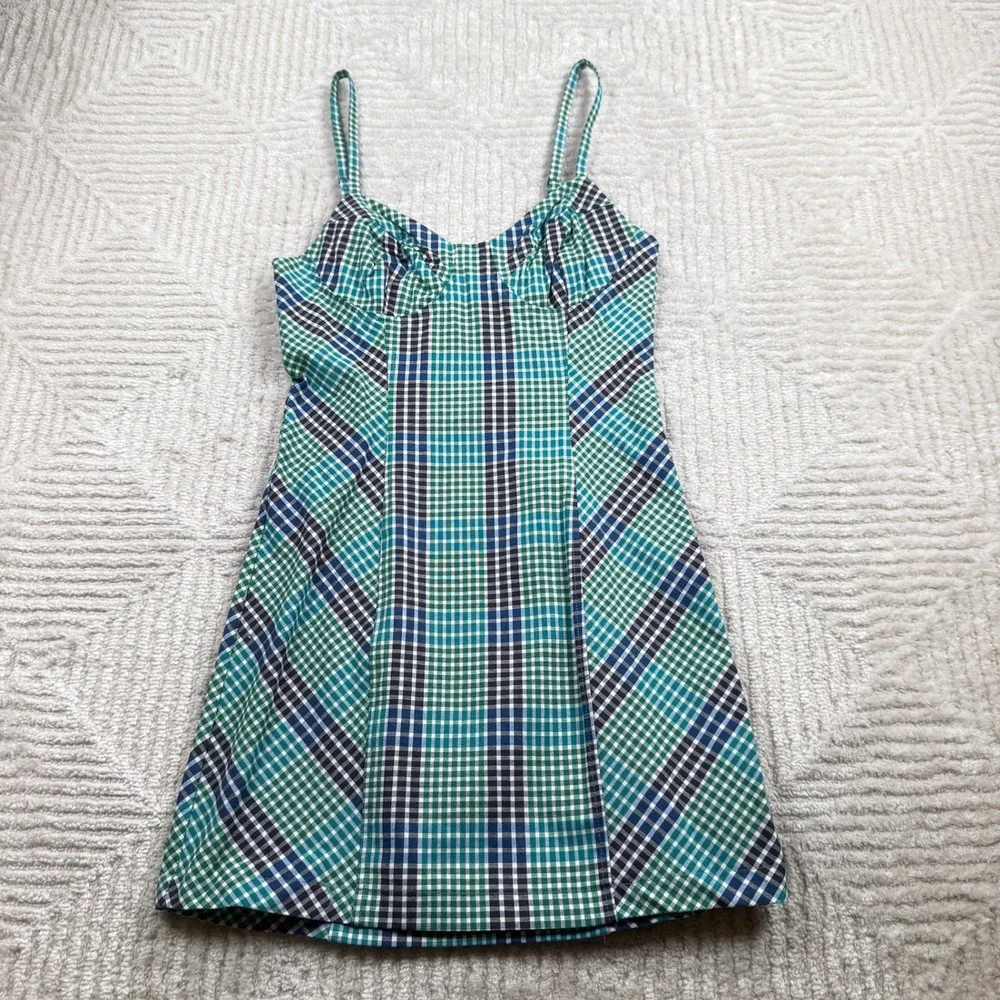 Urban Outfitters Plaid Mini Dress Women's Small Green Blue Gingham Grunge 90s - Picture 1 of 12